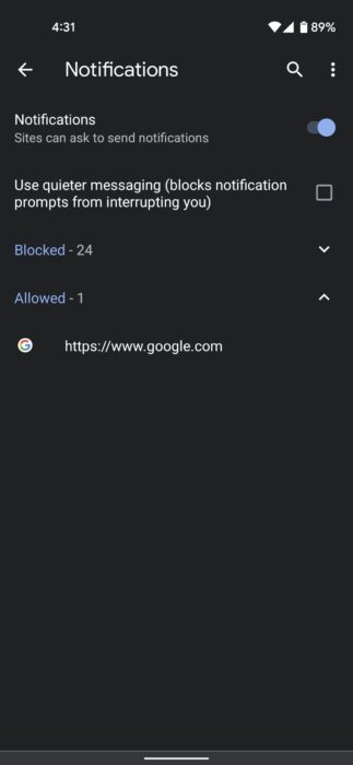 Allowed websites Google Chrome Android