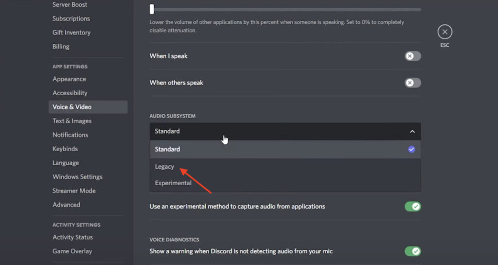 Screenshot of Legacy audio mode on Discord