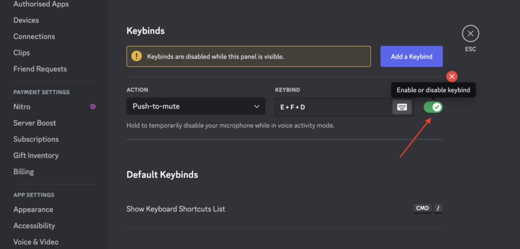 Screenshot of the Keybind settings on Discord