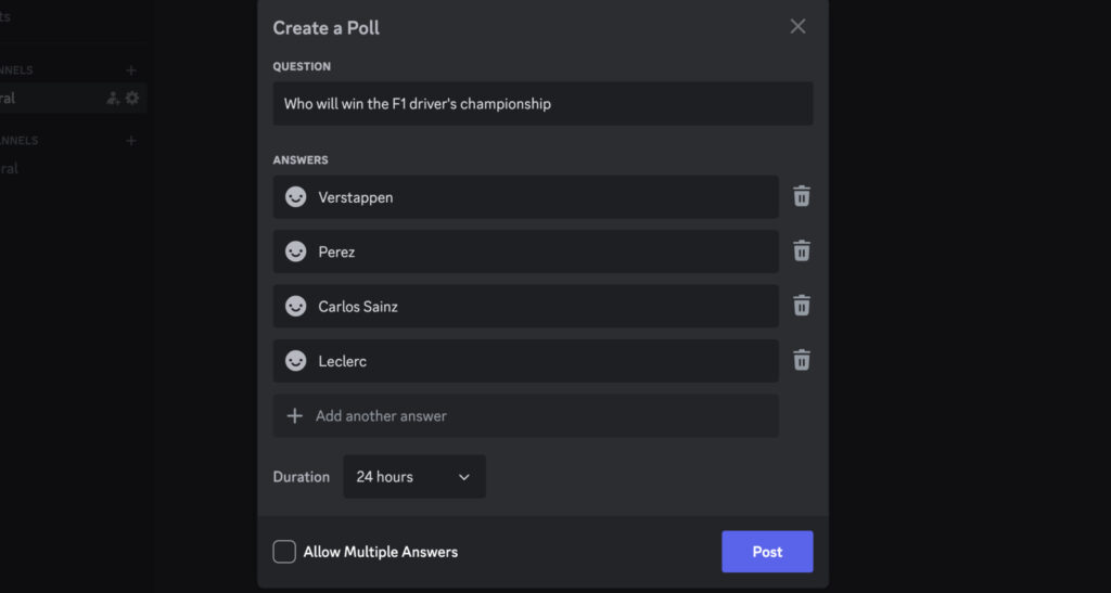 Screenshot of the parameters