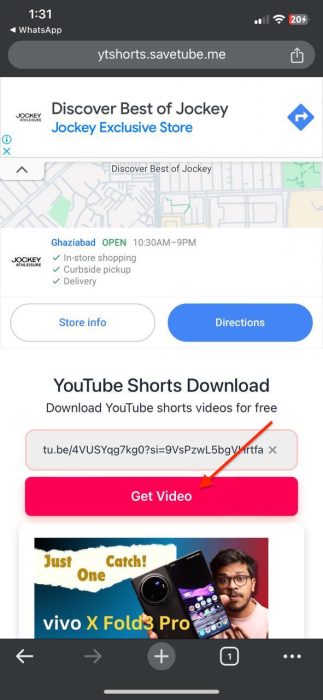 Image of the Get Video button to download YouTube video on iPhone