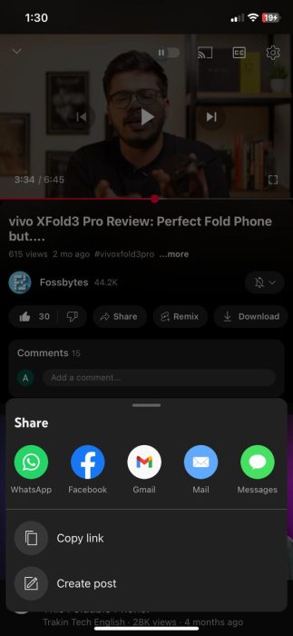 Image of the Copy Link button in the YouTube app