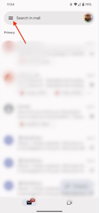 Screenshot of the hamburger menu in the Gmail app to find Archived emails