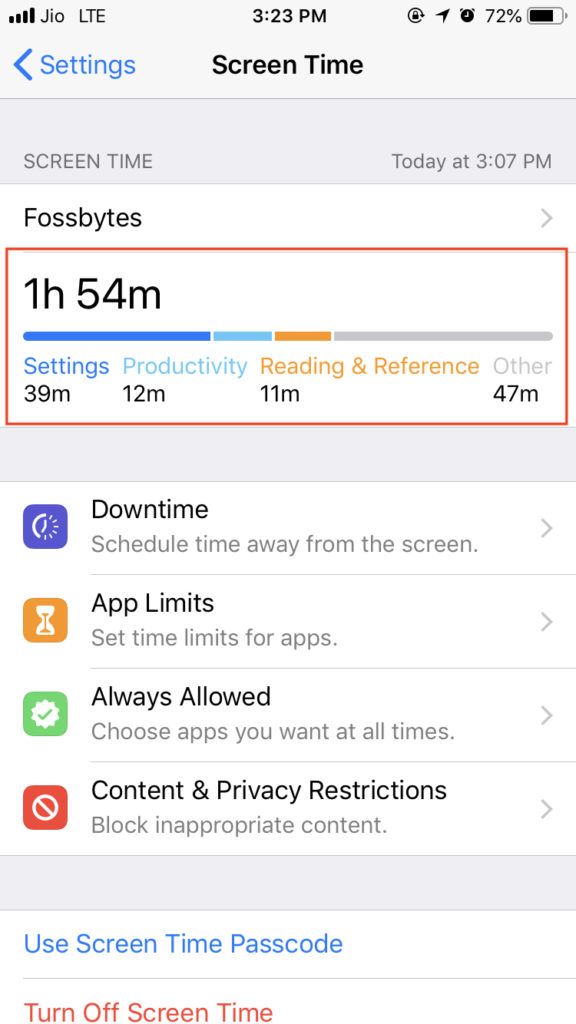 Screen usage time
