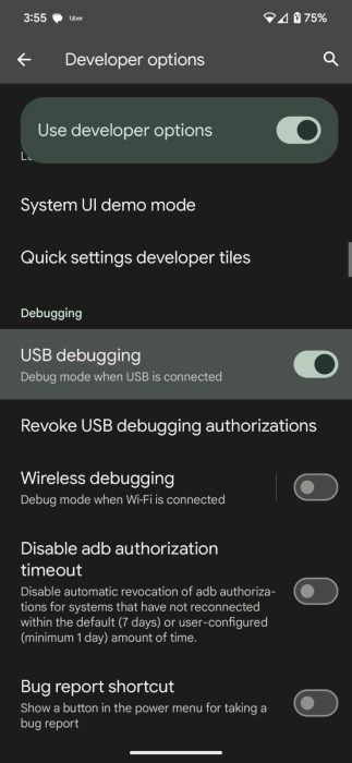 Screenshot of the USB Debugging option
