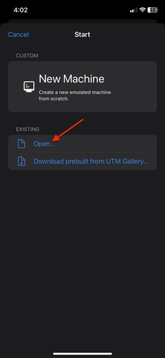 Screenshot of the Open button