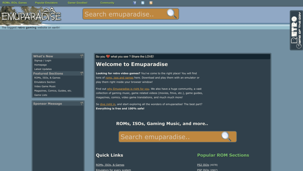 Screenshot of the Emuparadise ROM website