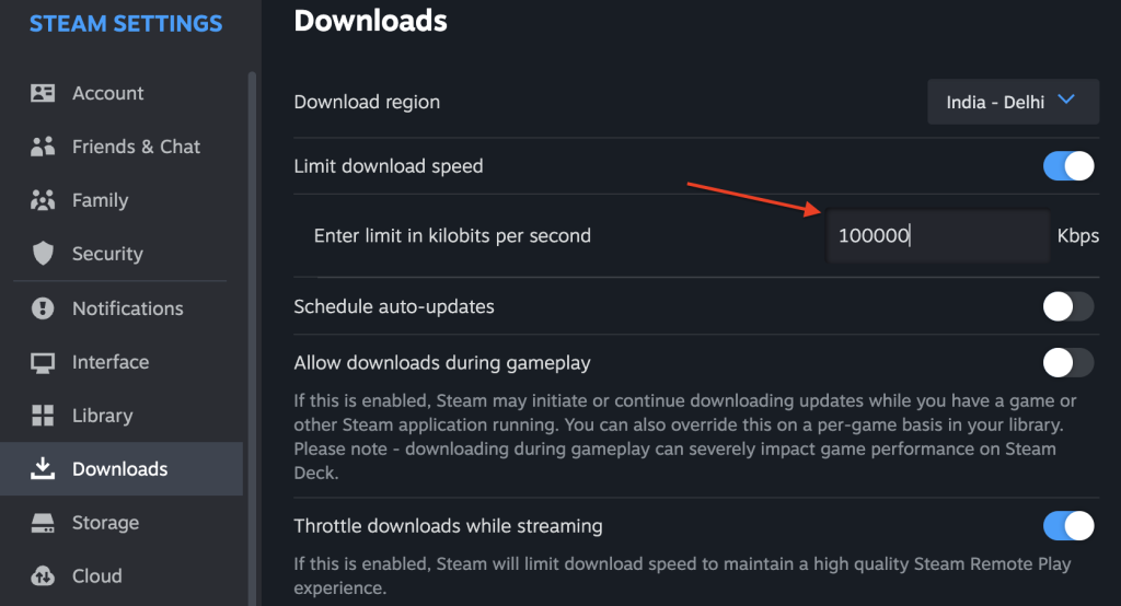 Image of the Limit Download Speed option to make Steam downloads faster